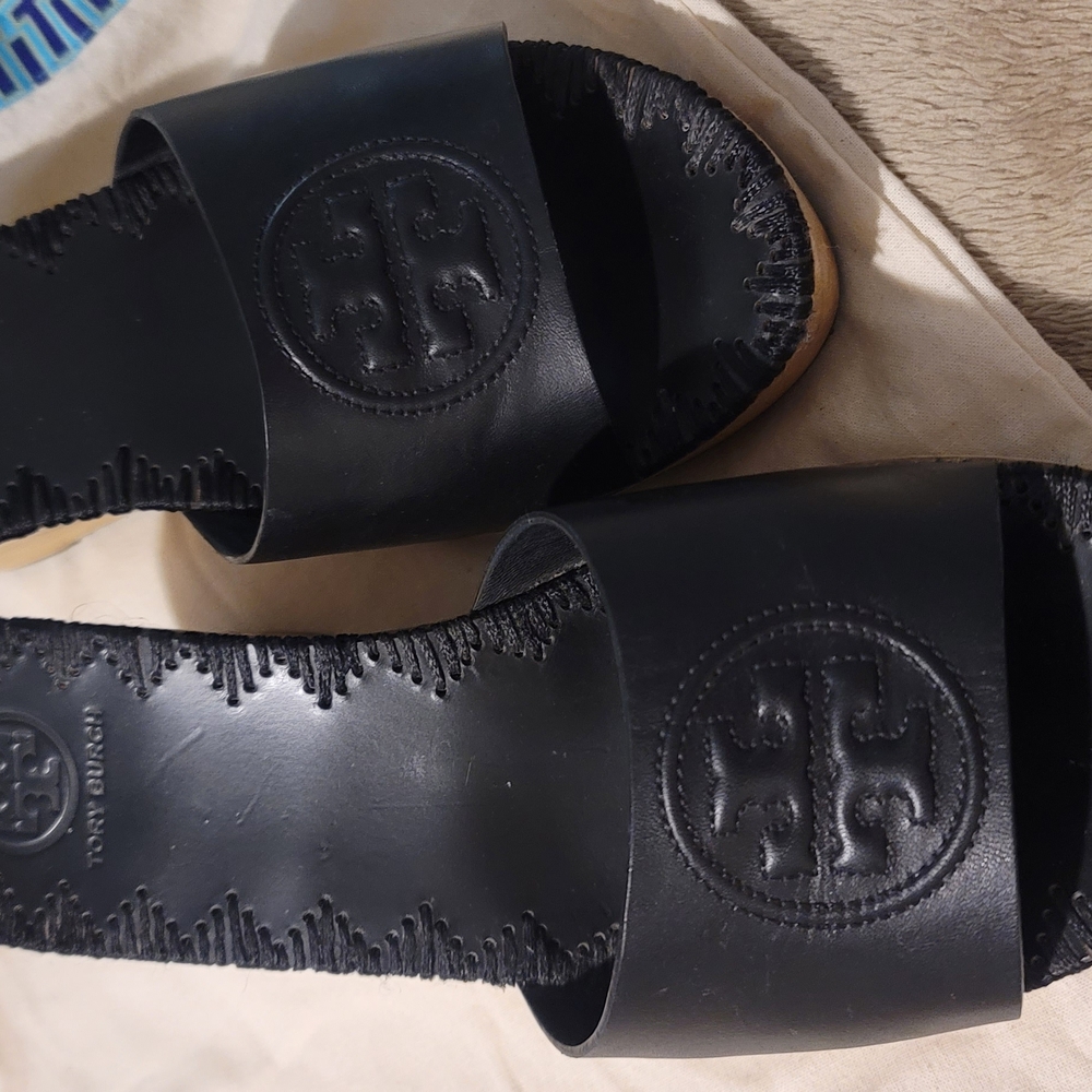 Tory Burch Black Sandals with Wide Strap and Embossed Logo